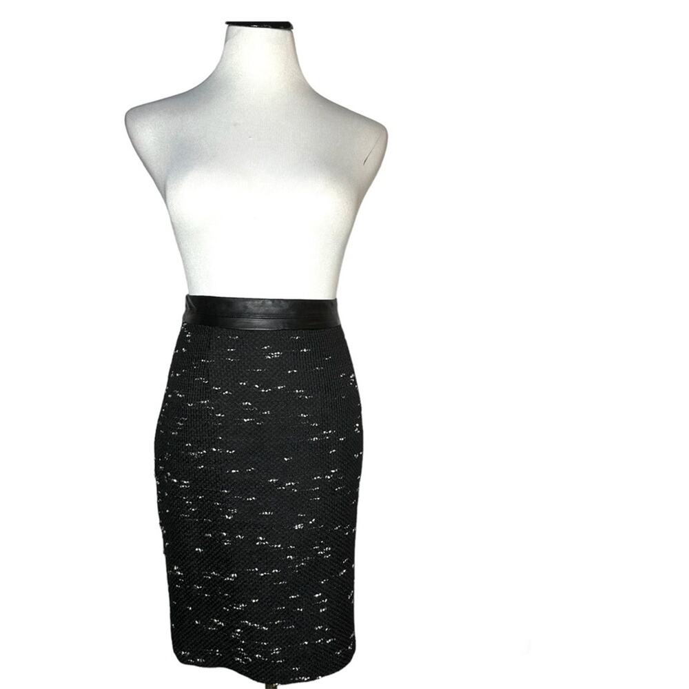 Milly Black Textured Pencil Skirt with Leather Waistband